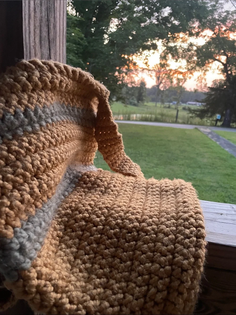 Hand Made Crochet Tote Bag in Kodak Yellow with Moss Green Stripes 🫶🏻
